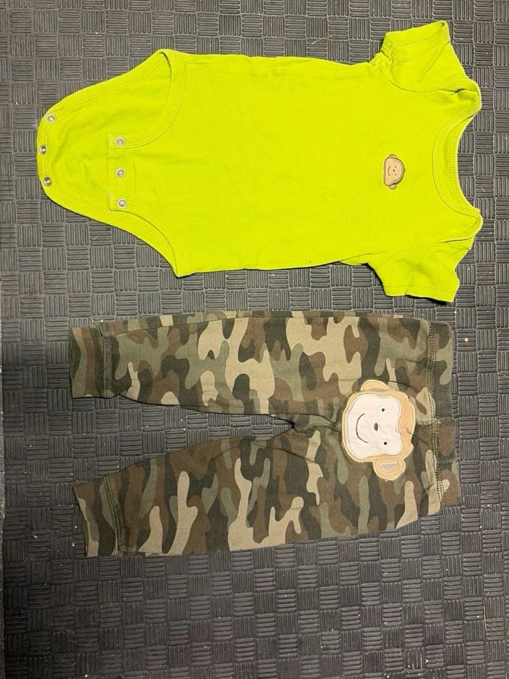 Baby Two-Piece Set - Neon Green Bodysuit & Camo Pants with Monkey Patch
